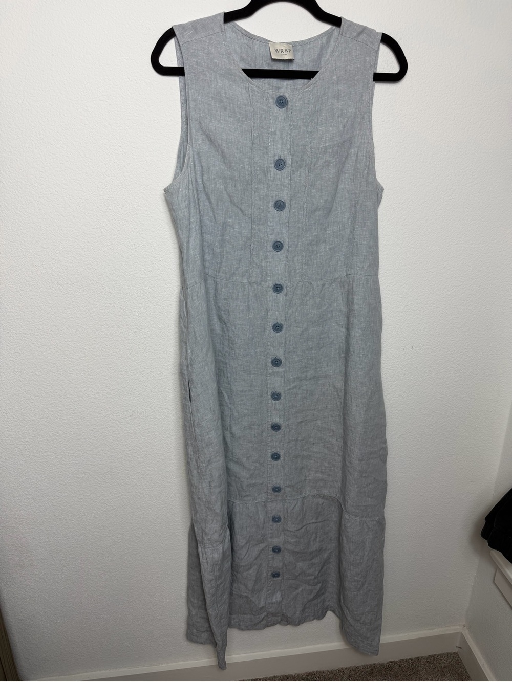 Wrap London 100% Linen Blue Maxi Dress Size 12 Quiet Luxury